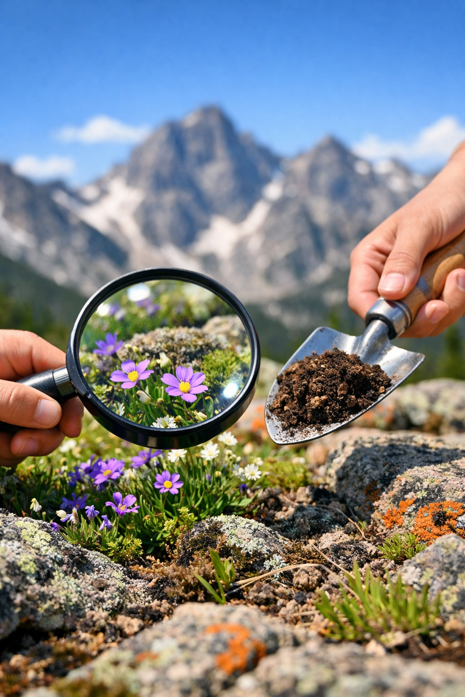 Students conducting hands-on ecology field studies with soil samples and wildflowers in Yellowstone National Park.