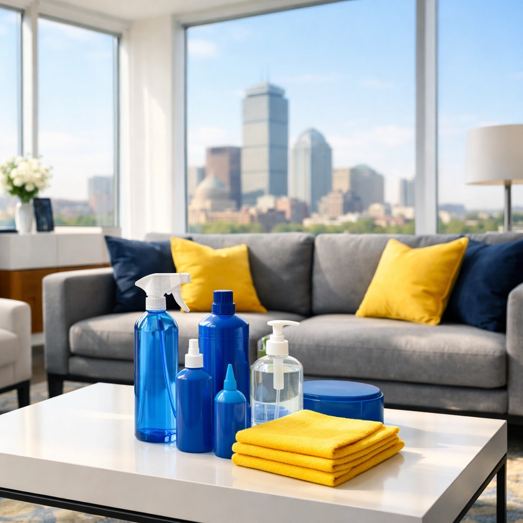 Professional Apartment Cleaning Massachusetts service in a sunny modern Boston living room.