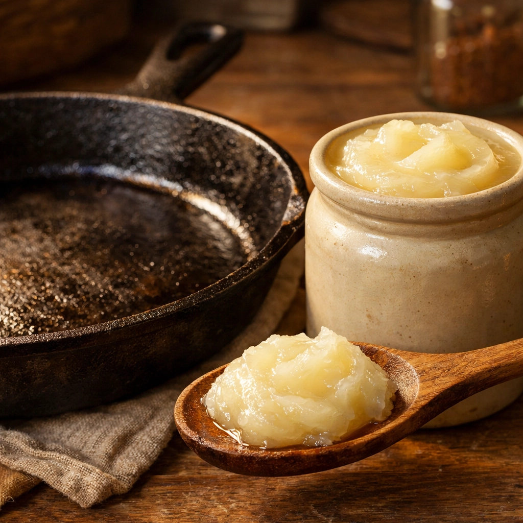 Rendered bacon fat in a ceramic jar next to a seasoned cast-iron skillet for Southern cooking.