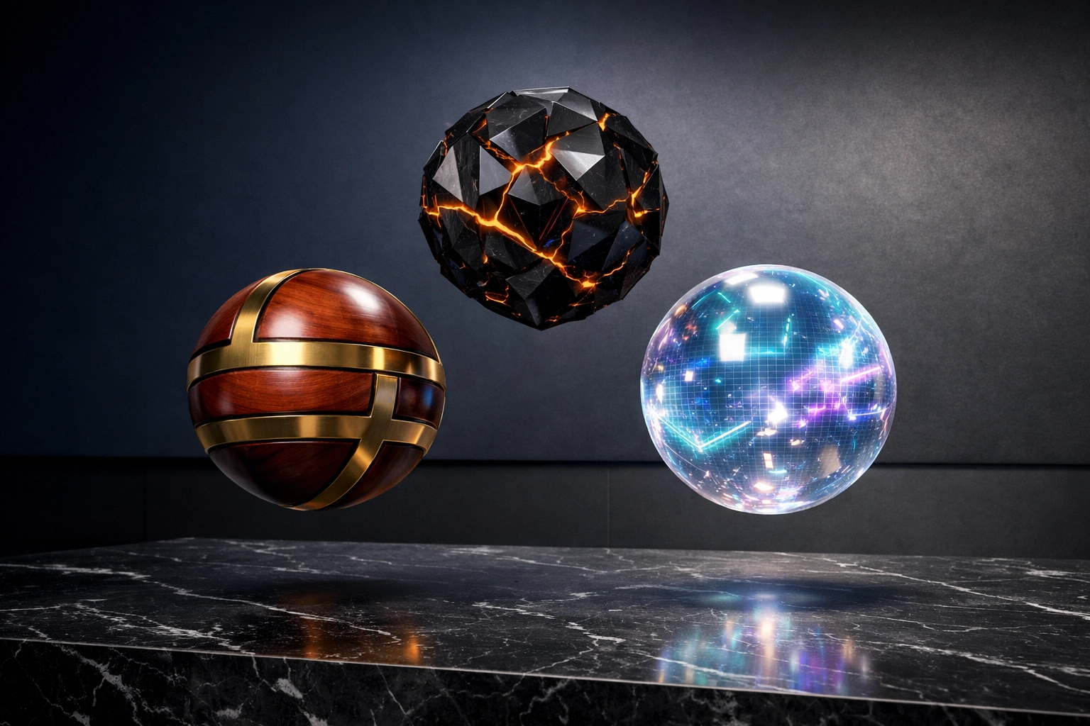 Three artistic spheres representing traditional equities, alternatives, and digital assets in a balanced portfolio.