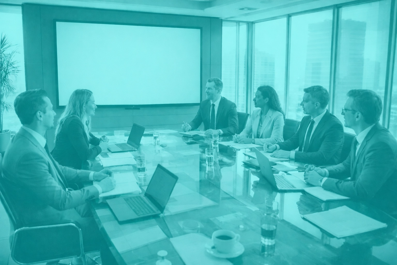 Diverse executives collaborate in a boardroom, aligning digital transformation governance strategy.
