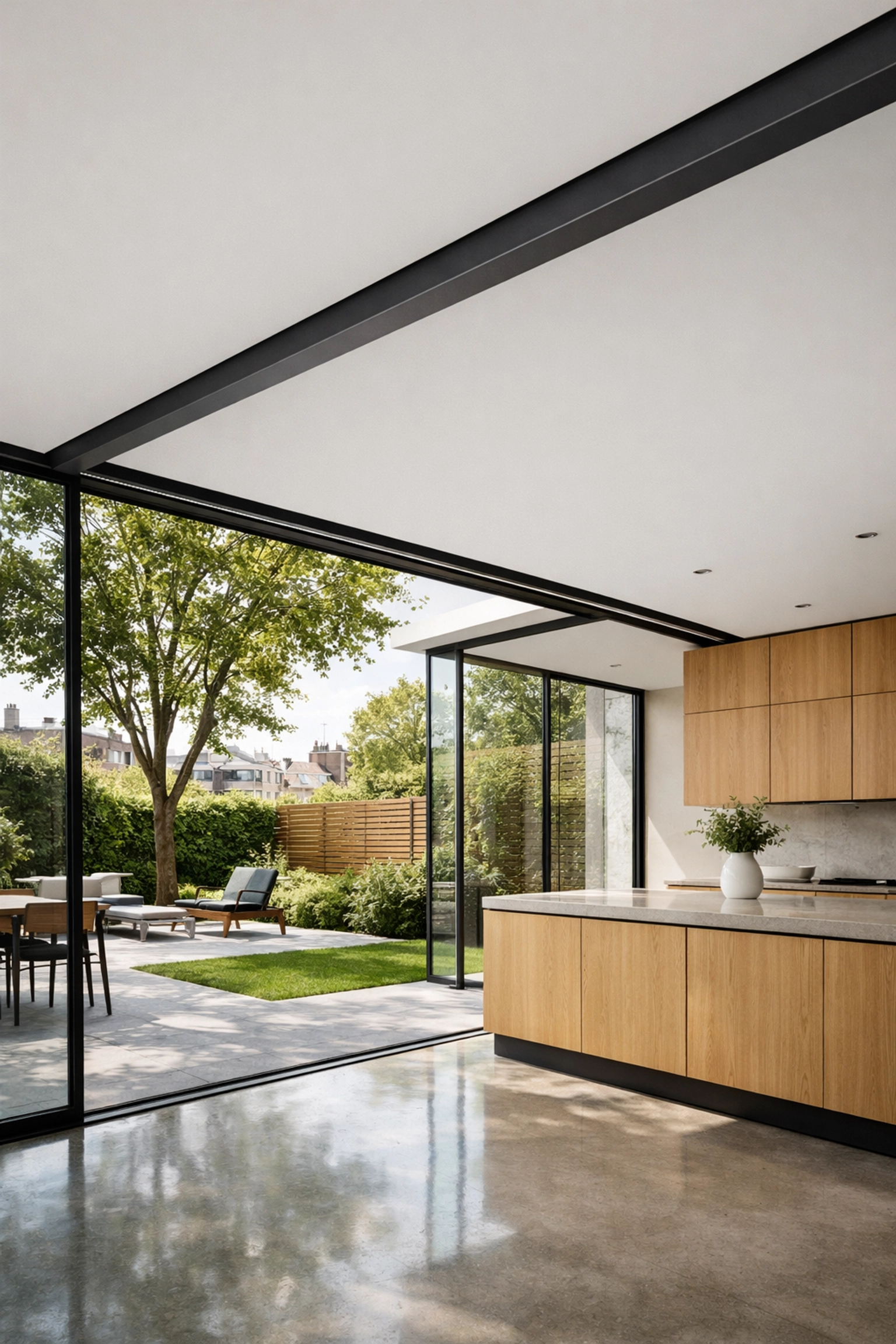 Modern open-plan London home showing integrated structural engineering with recessed steel beams and glass walls.