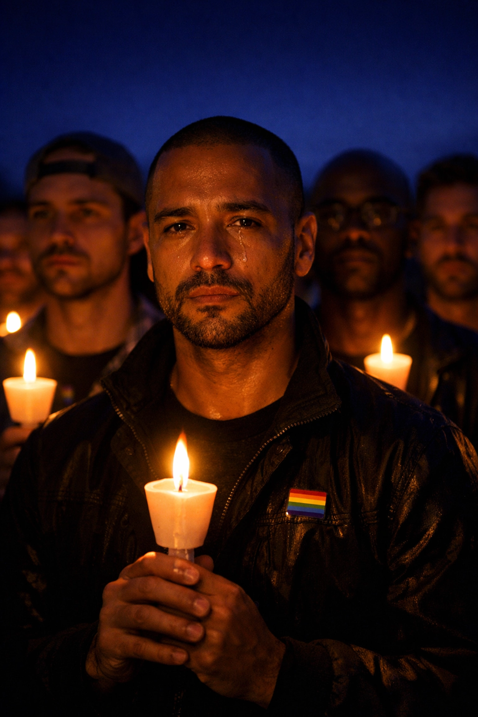 A solemn candlelight vigil with gay men, symbolizing the resilience and activism of the LGBTQ+ community in the 90s.