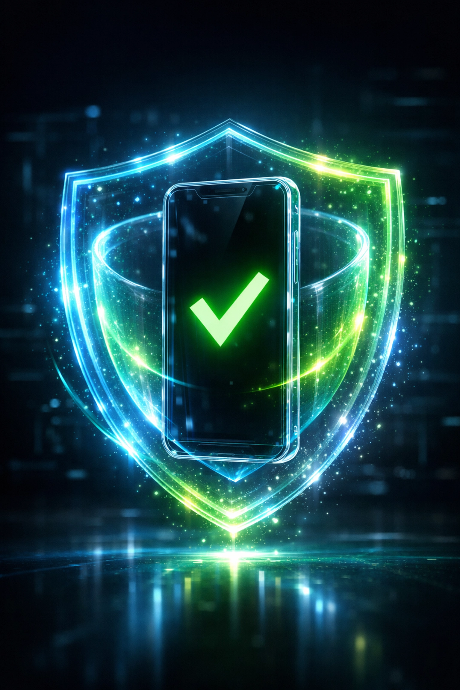 A smartphone displaying a security checkmark protected by a digital shield for Multi-Factor Authentication.