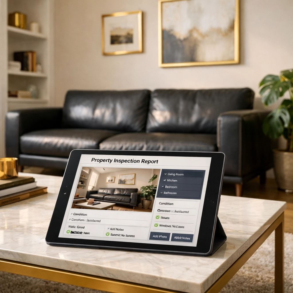 Professional property inventory report displayed on tablet in pristine London apartment living room