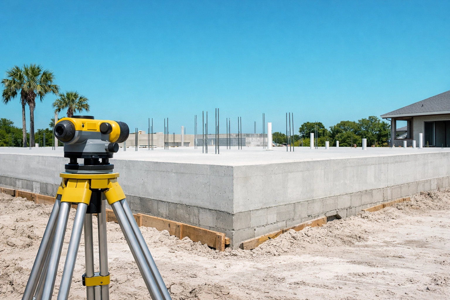 Surveyor level at a Florida construction site ensuring accurate finished floor elevation and permit compliance.