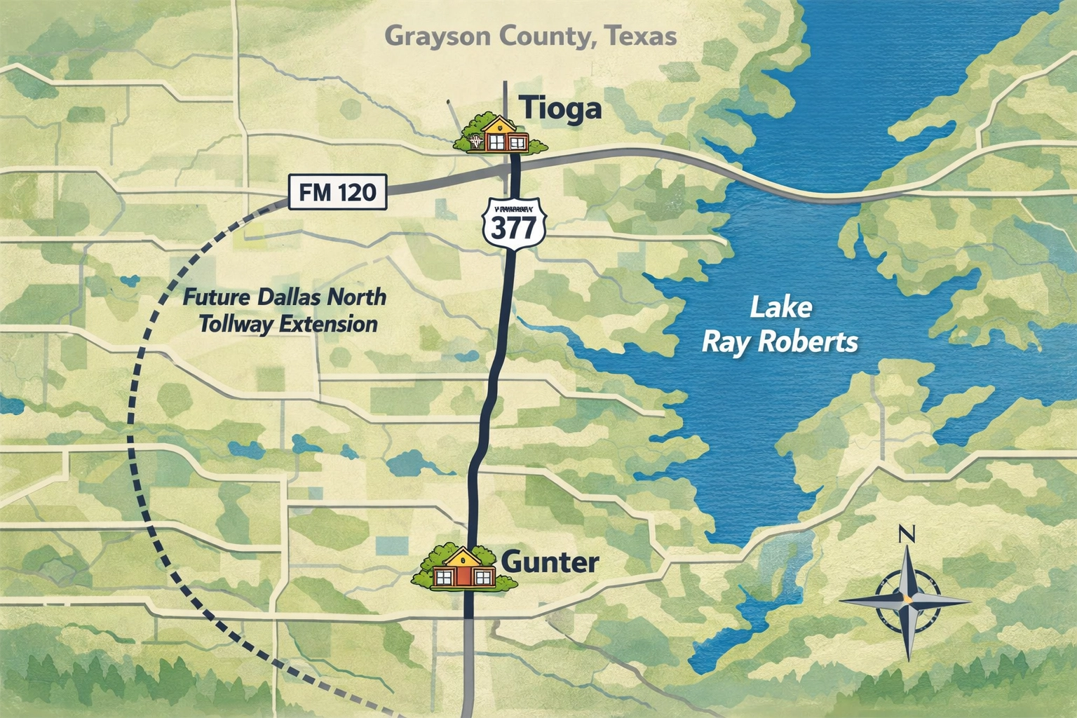 Map of Gunter-Tioga corridor showing Highway 377, FM 120, and Dallas North Tollway extension route