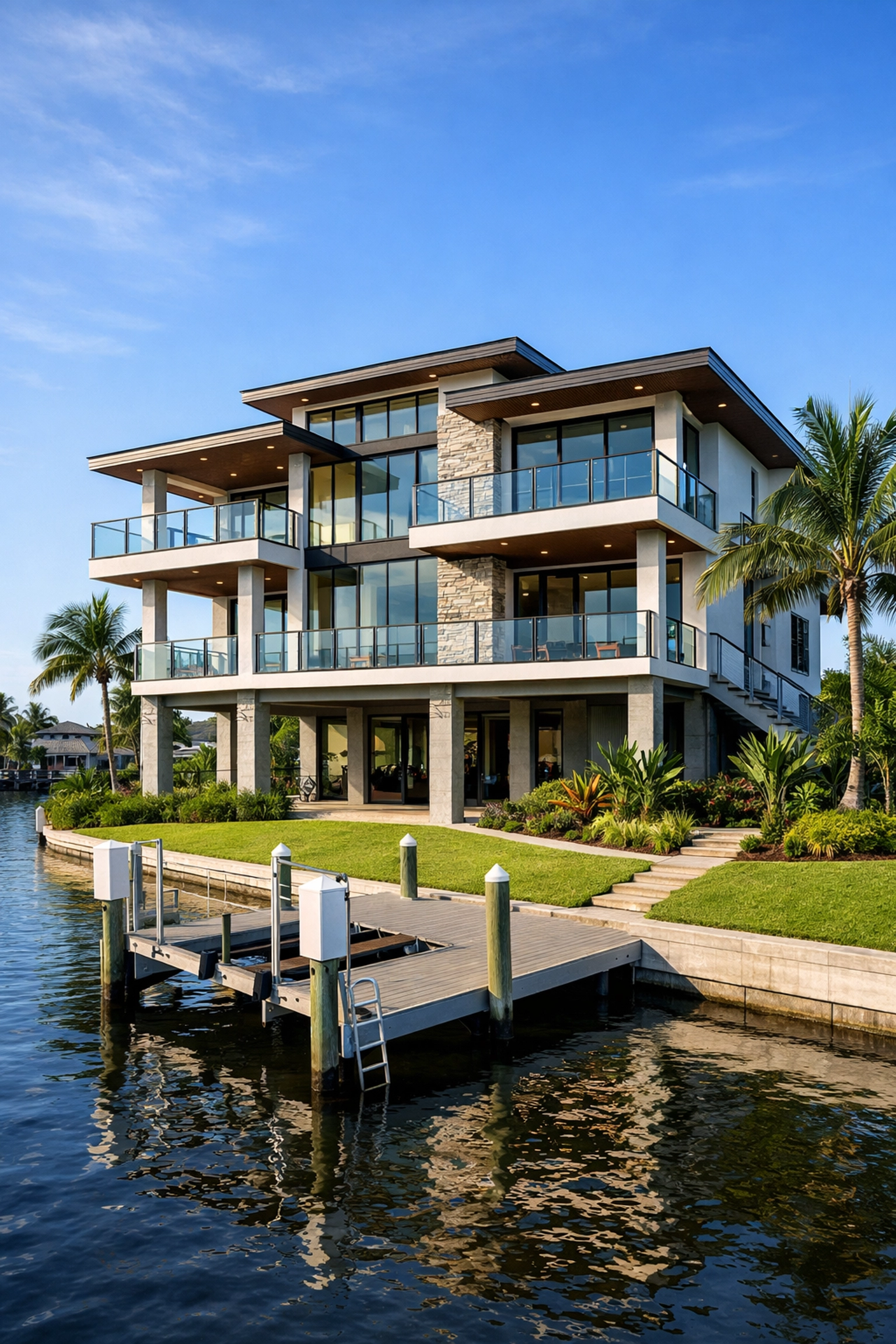 Modern high-elevation SWFL waterfront home built to current coastal resilience standards.