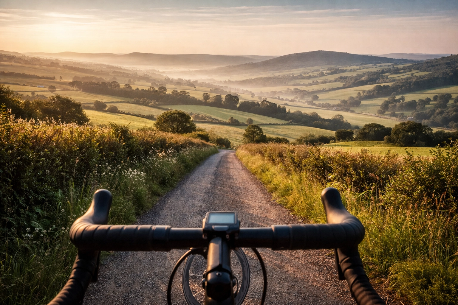 Cyclist's viewpoint of rolling British countryside, ideal for company cycling events and team bonding