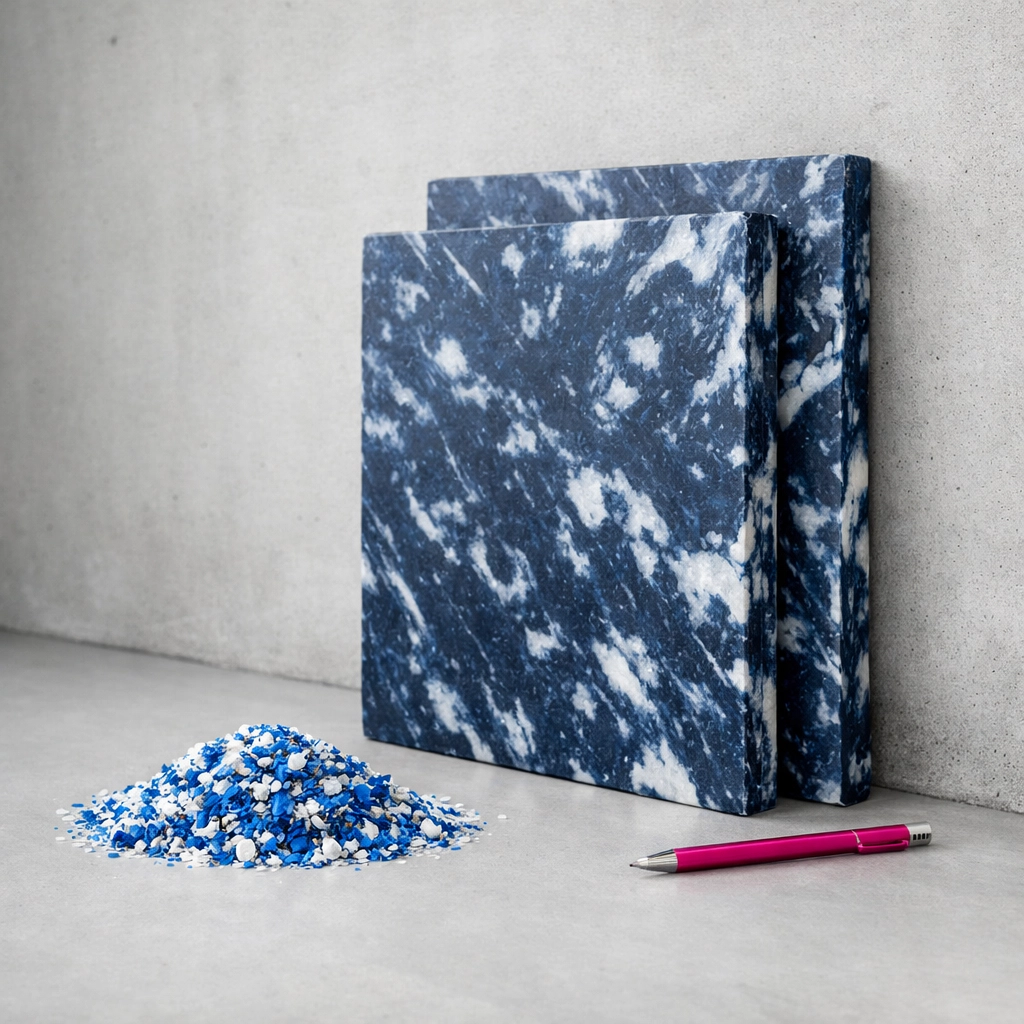 Stacked recycled plastic panels and raw plastic flakes demonstrating a closed-loop circular manufacturing process.
