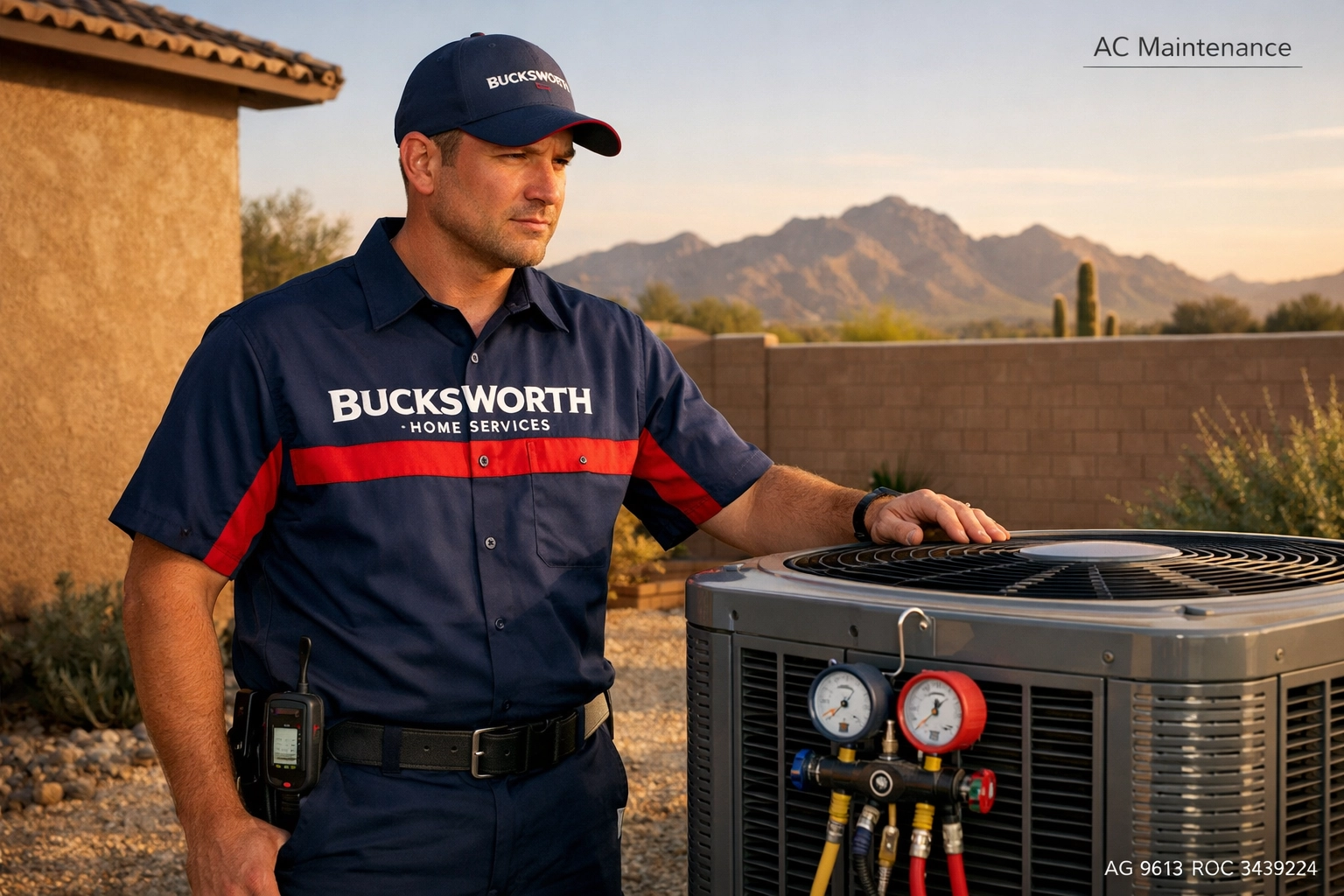 Bucksworth Home Services technician providing AC maintenance in Litchfield Park AZ near the White Tank Mountains.