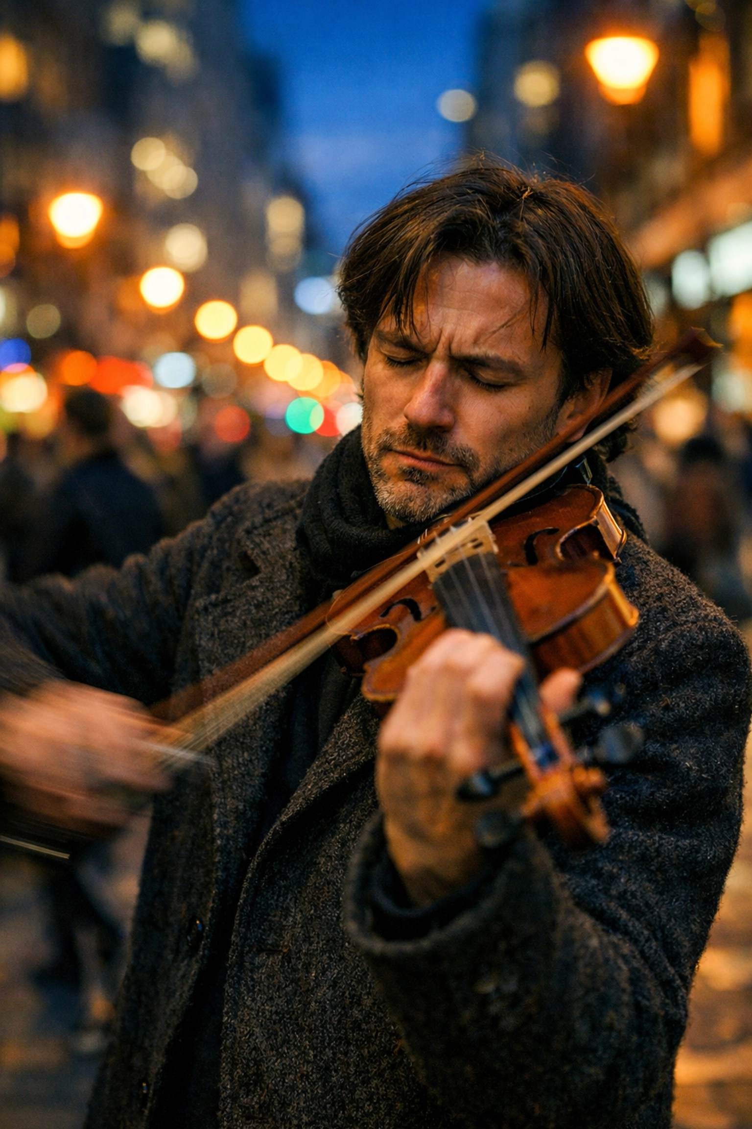 Street photography of a violinist with motion blur at twilight to capture urban movement and artistic soul.