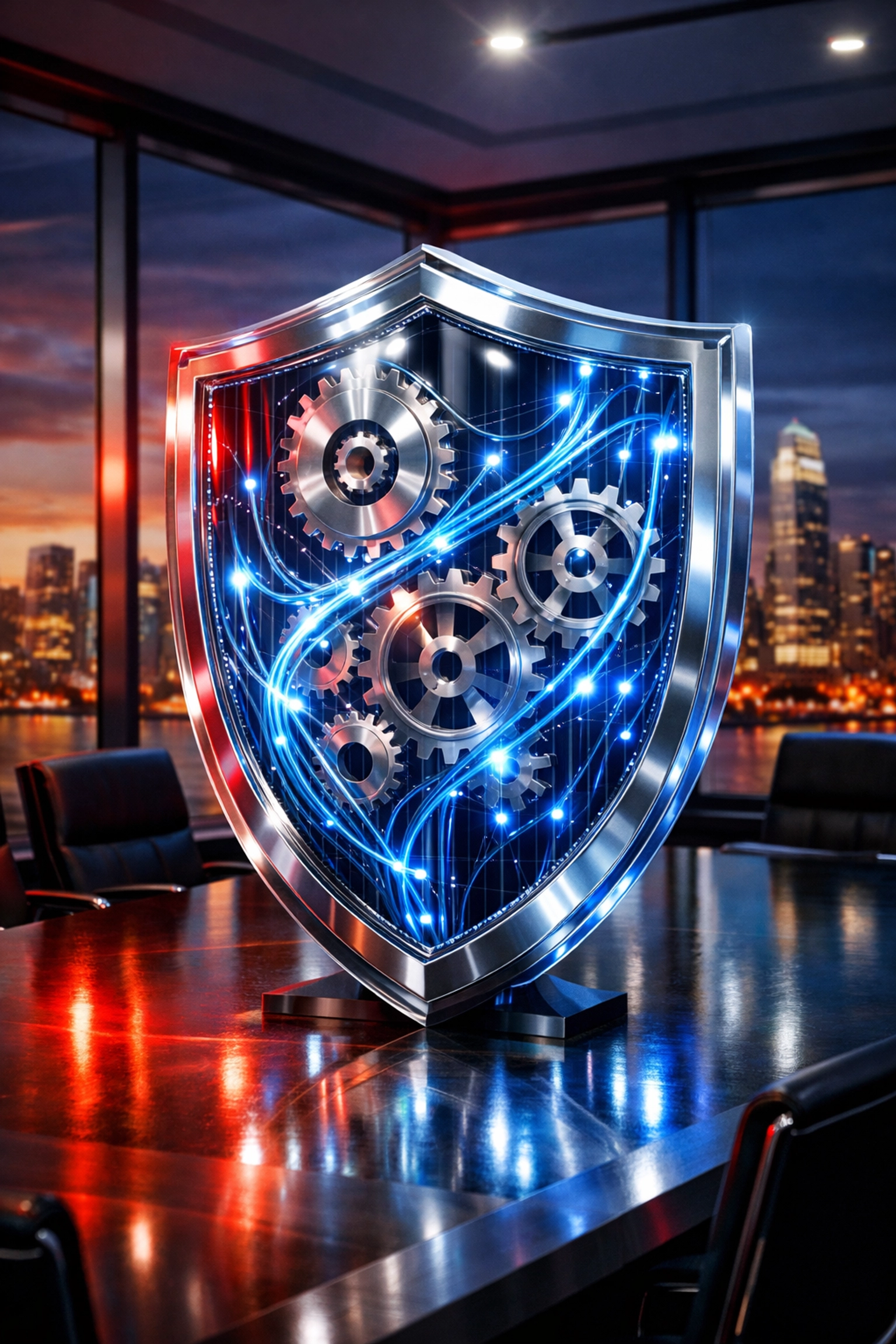 Protective digital shield in a boardroom symbolizing secure unified communications and business resilience.