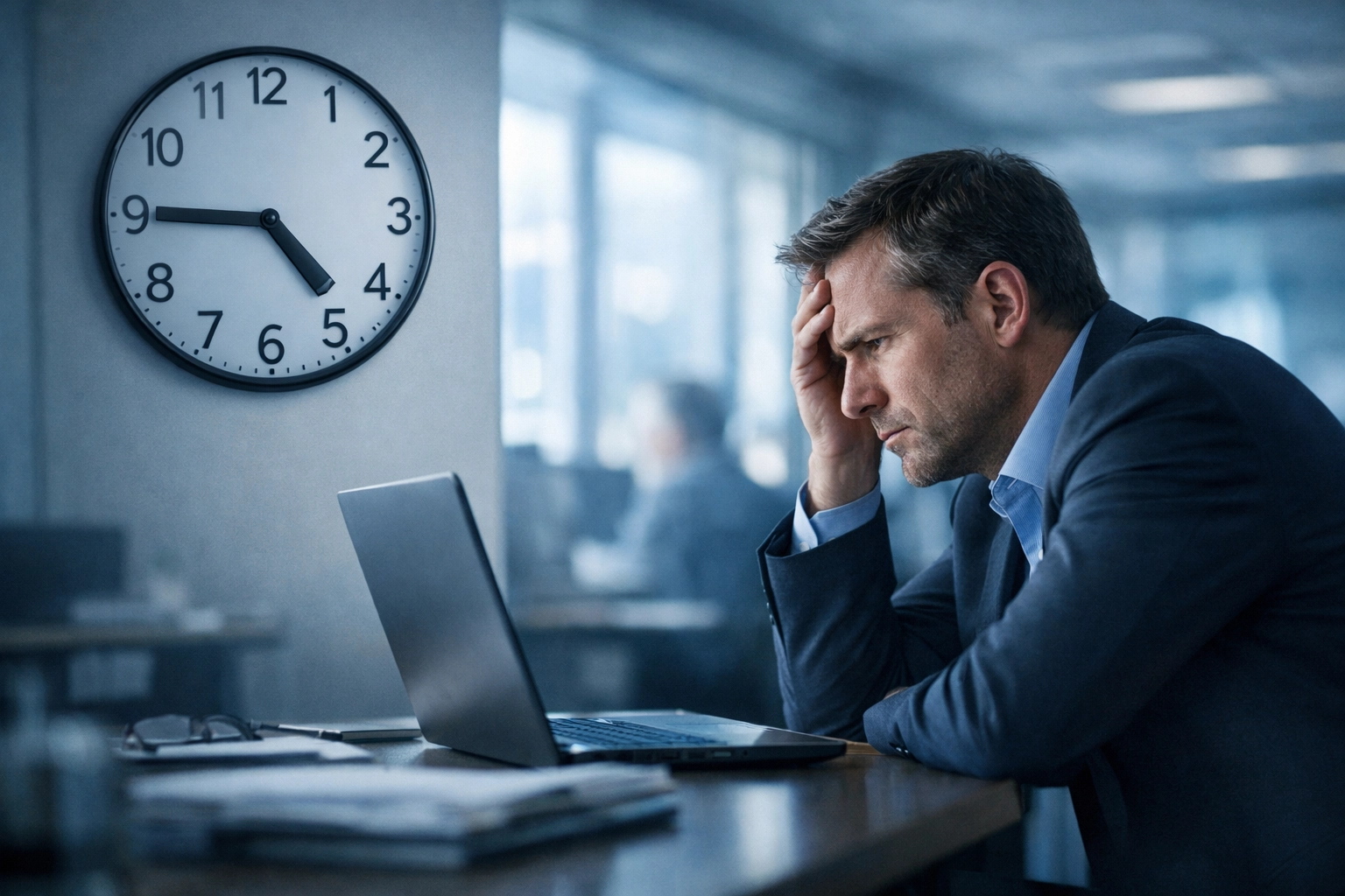 Business professional waiting for slow IT support response in modern office