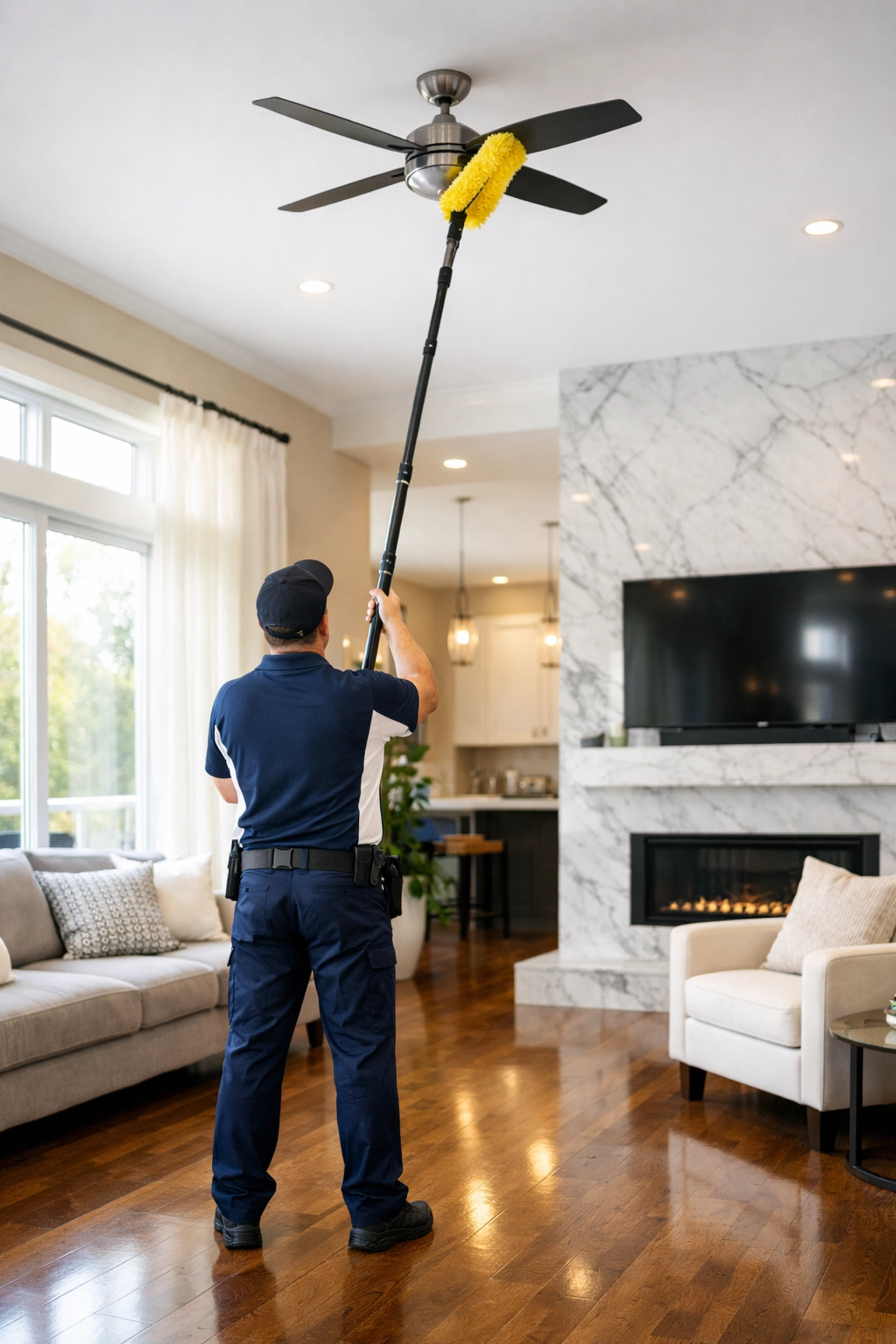 Professional cleaner using a high-reach pole to safely dust a ceiling fan in a high-ceiling Lunenburg house.