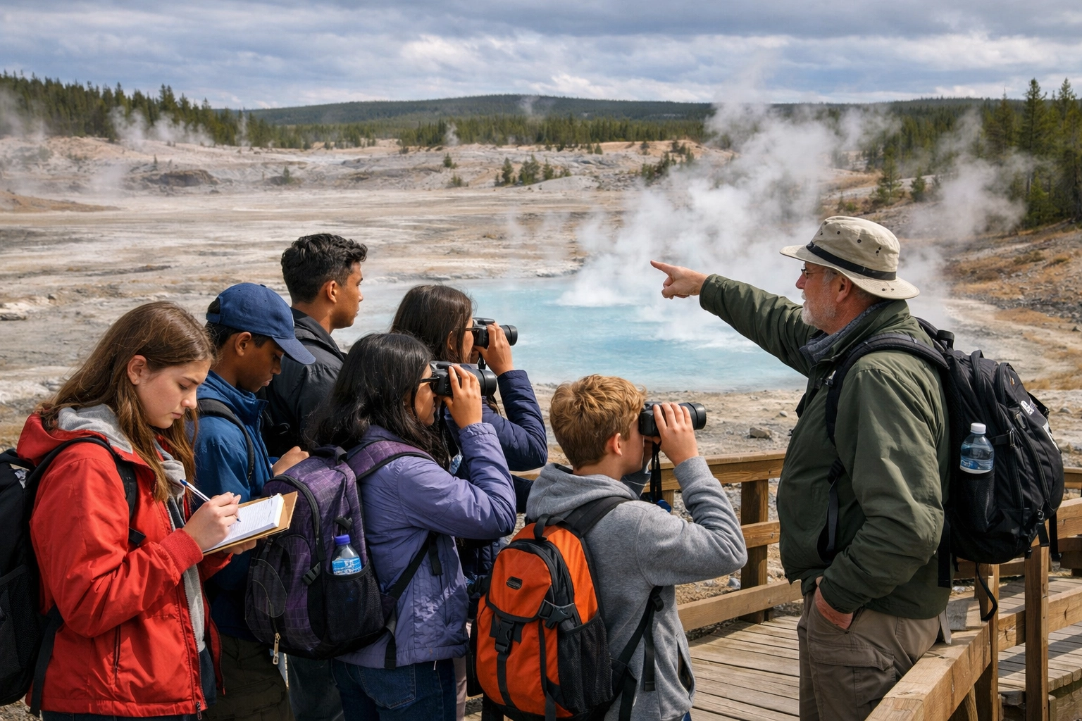 High school students studying geology on a boardwalk at Norris Geyser Basin in Yellowstone.