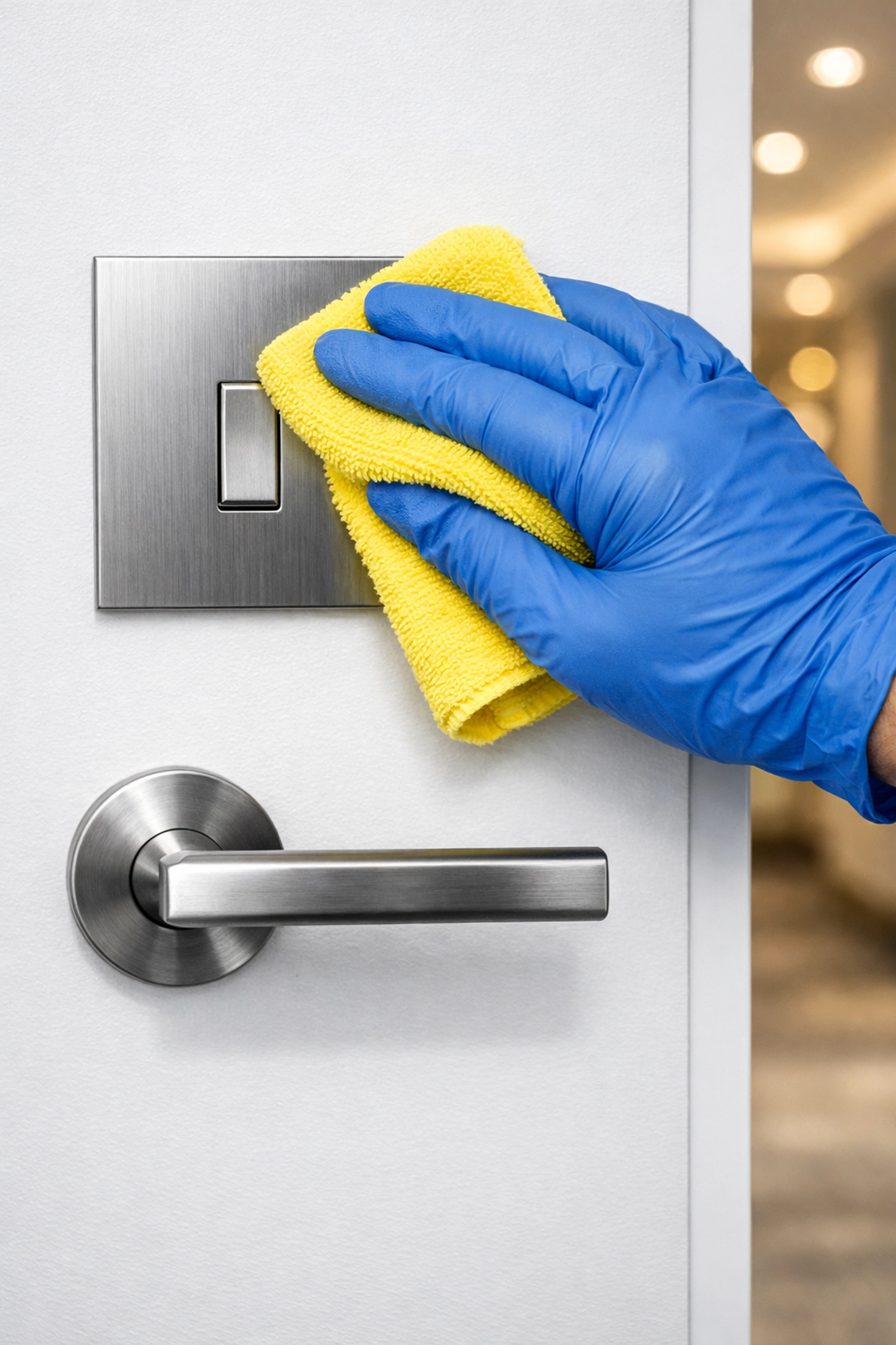 Sanitizing high-touch light switches and handles during residential cleaning in Nashua.