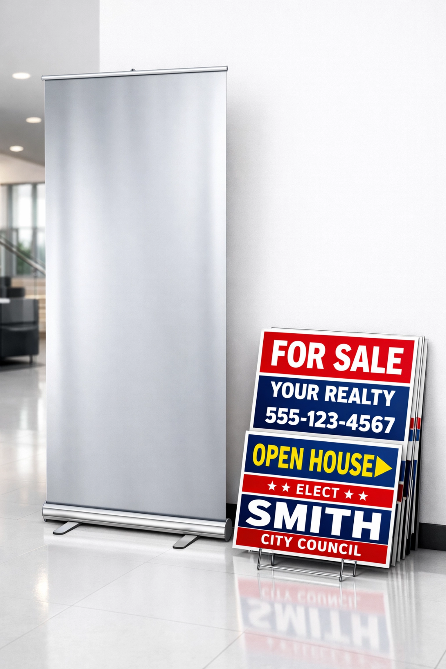Retractable pop-up banner and yard signs in a professional office lobby for business promotion.