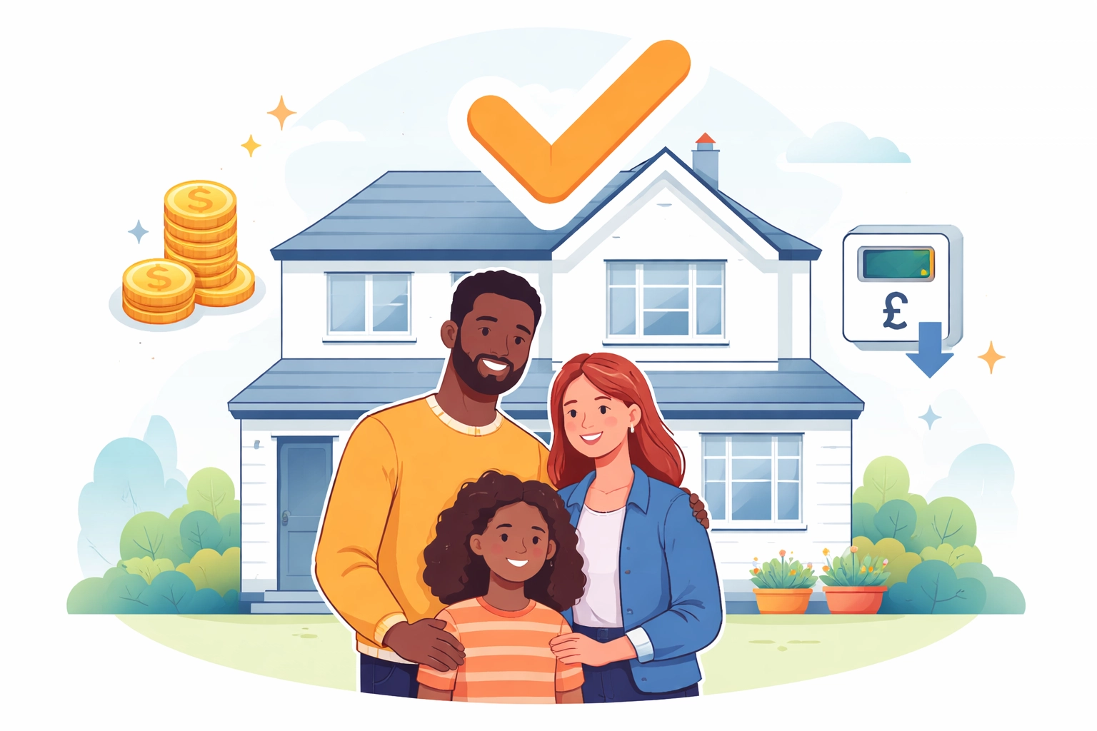 Happy British family outside an insulated home, representing grant approval for free loft insulation and energy savings