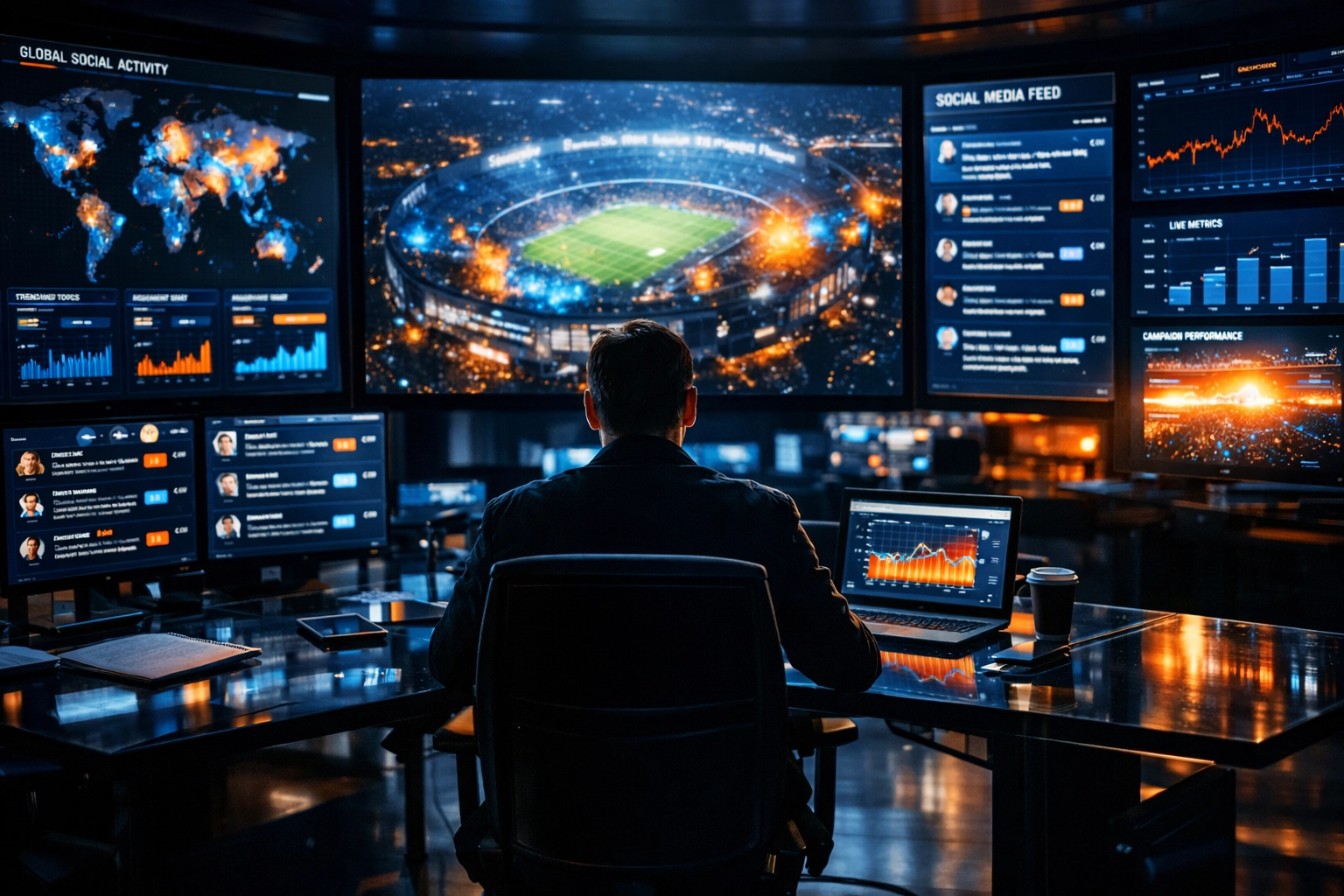 Digital marketing command center monitoring real-time Super Bowl engagement data and social media analytics.