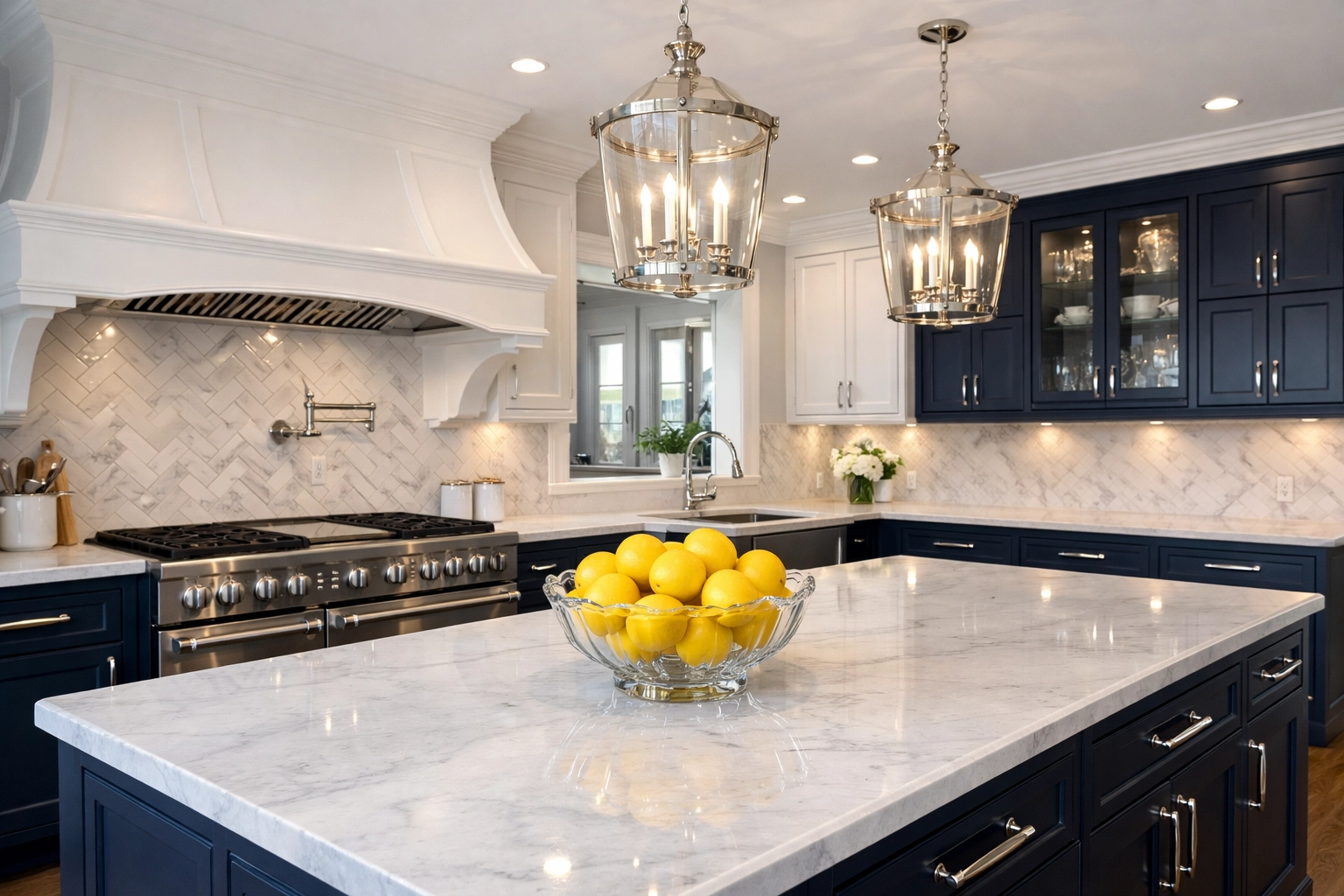 Spotless luxury kitchen with white marble countertops after a residential house cleaning in Worcester.