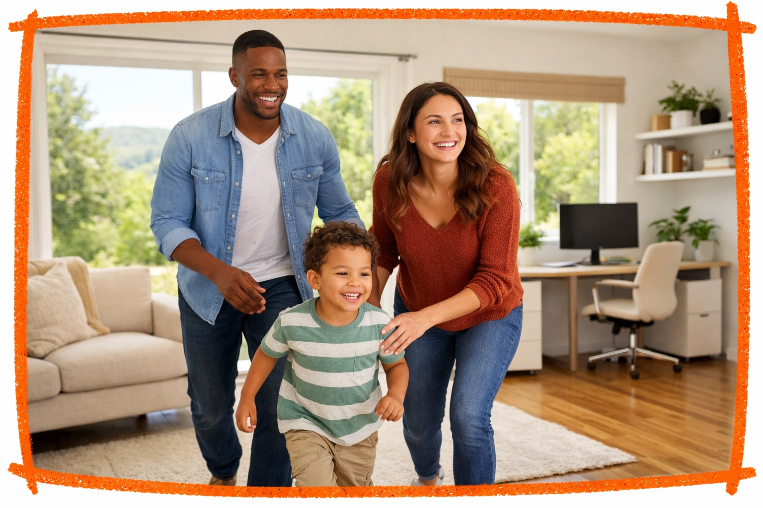 A family exploring a spacious living room in a new Connecticut home, ideal for a move up buyer.