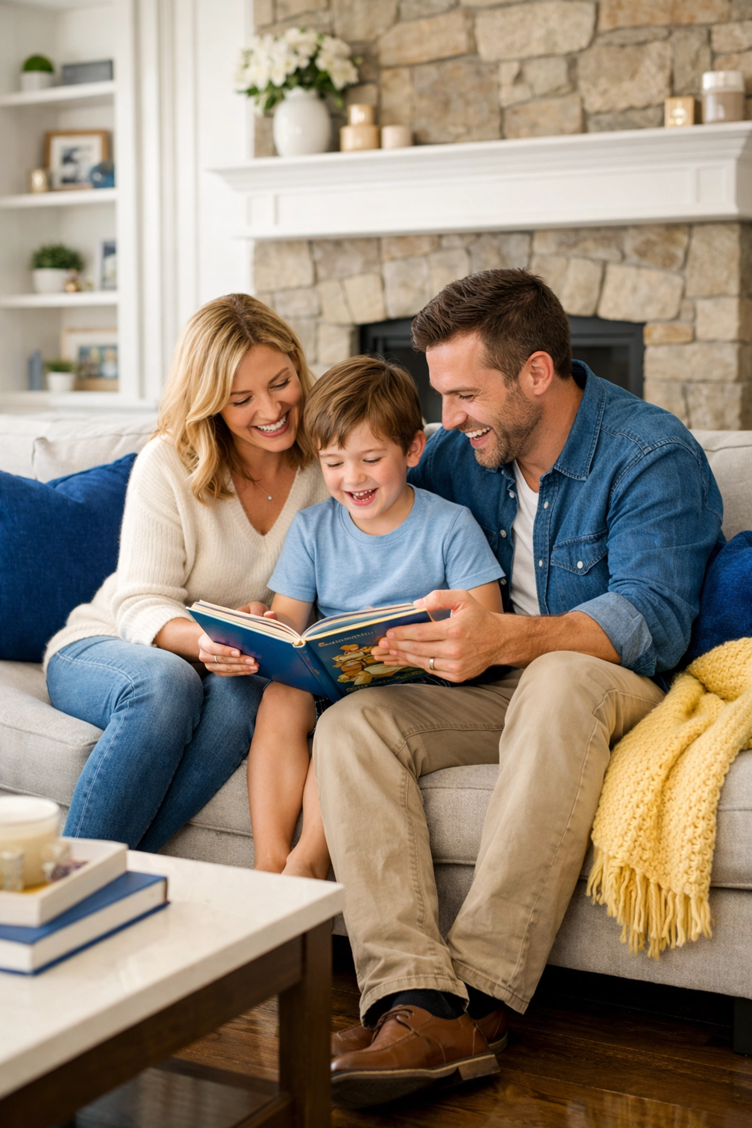 A happy family relaxing in a spotless living room thanks to professional cleaners Sutton MA.