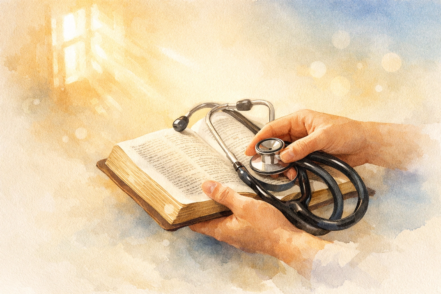 Hands holding stethoscope and Bible symbolizing faith and medicine integration in church healing ministry