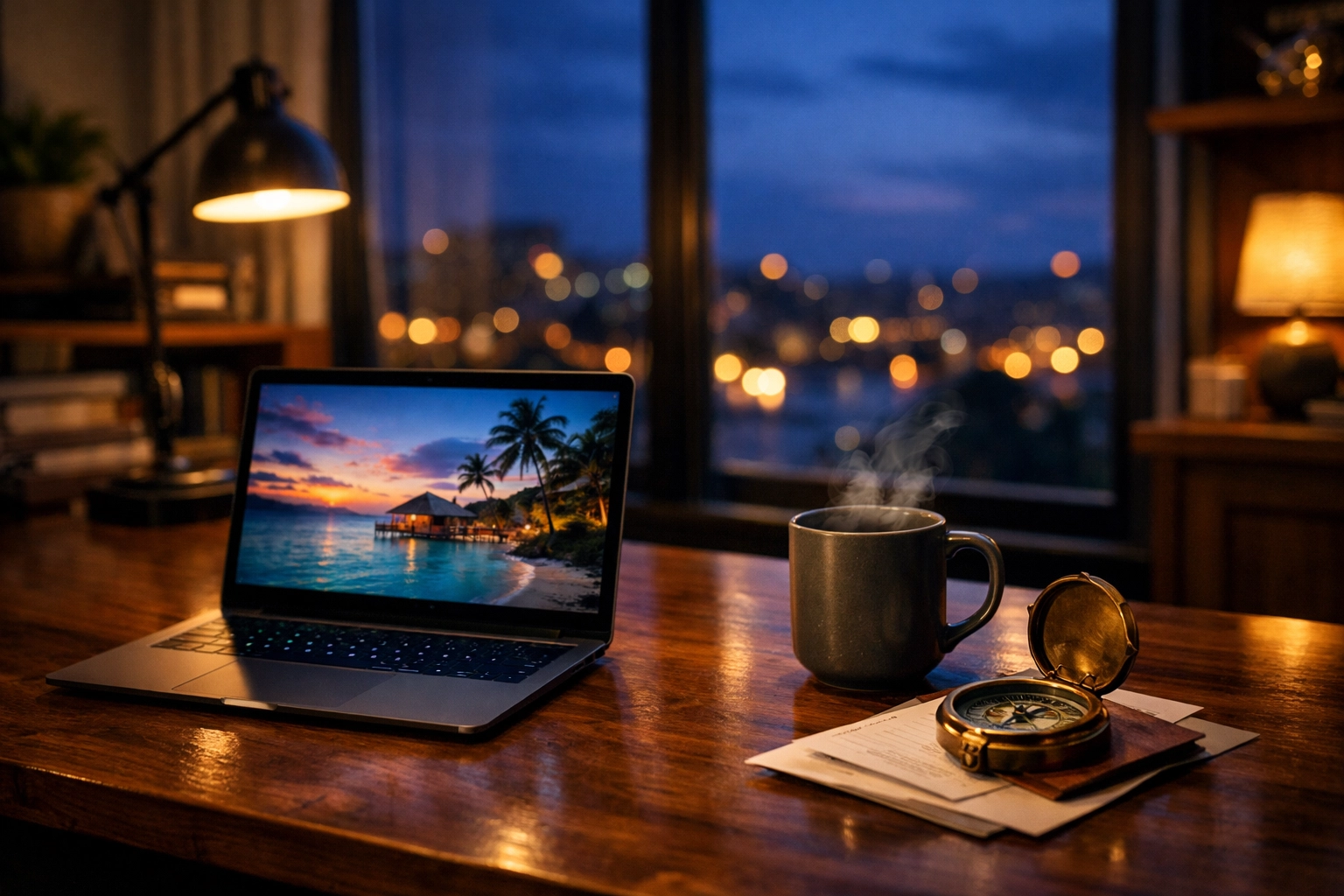 Cozy home office at twilight with a laptop used for a travel business side hustle after work.