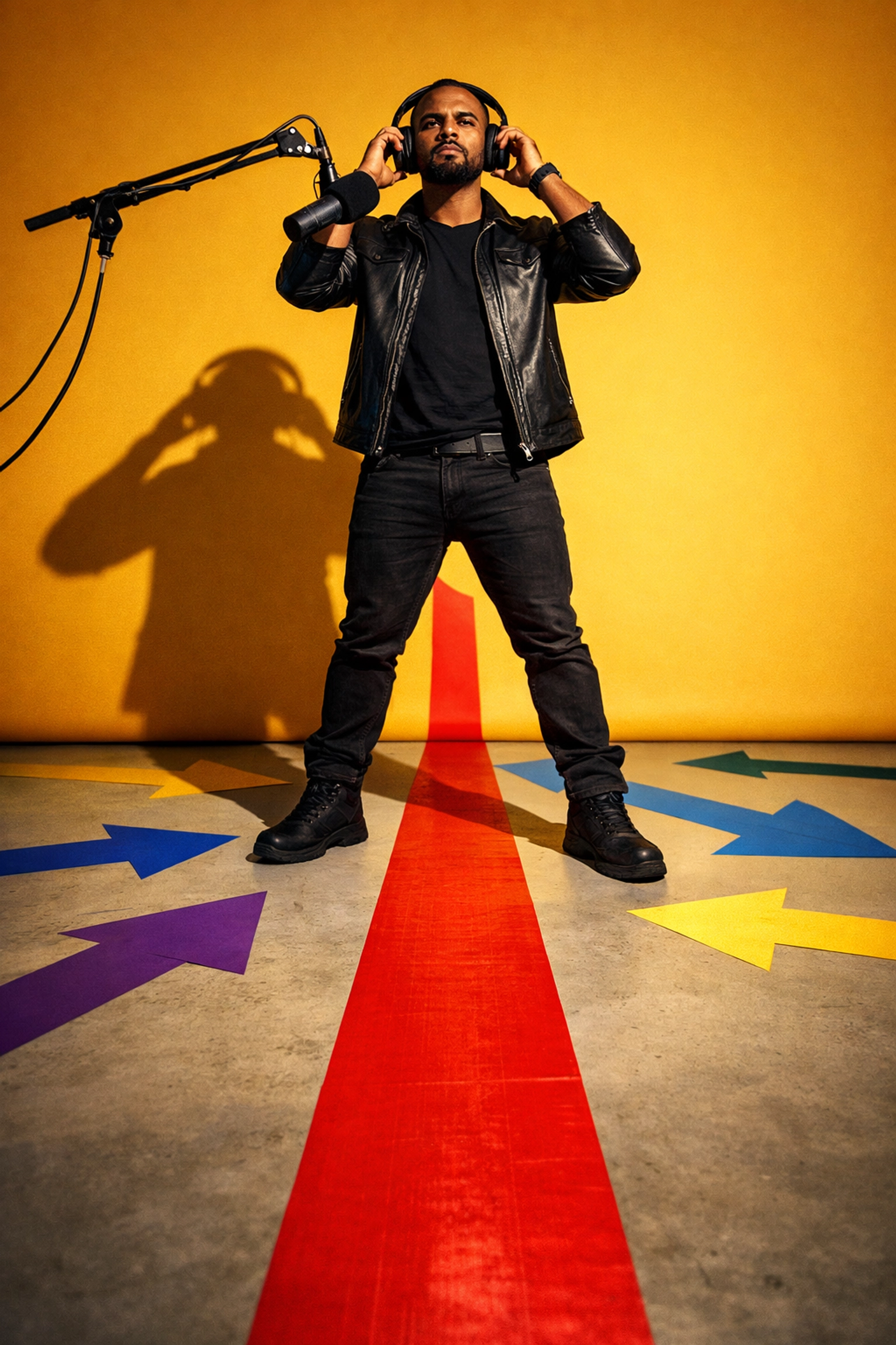 Podcast host choosing one focused direction among multiple options at a crossroads