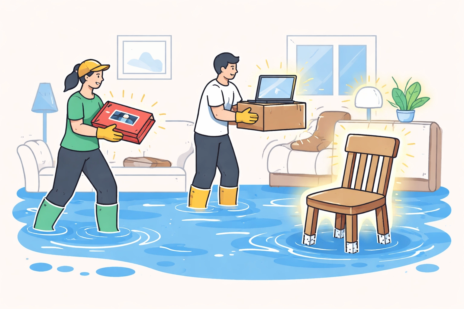 Homeowner prioritizing and saving important belongings during water damage restoration