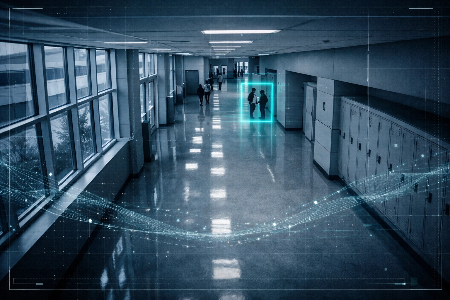 AI behavioral detection surveillance scanning a school hallway to ensure public safety.