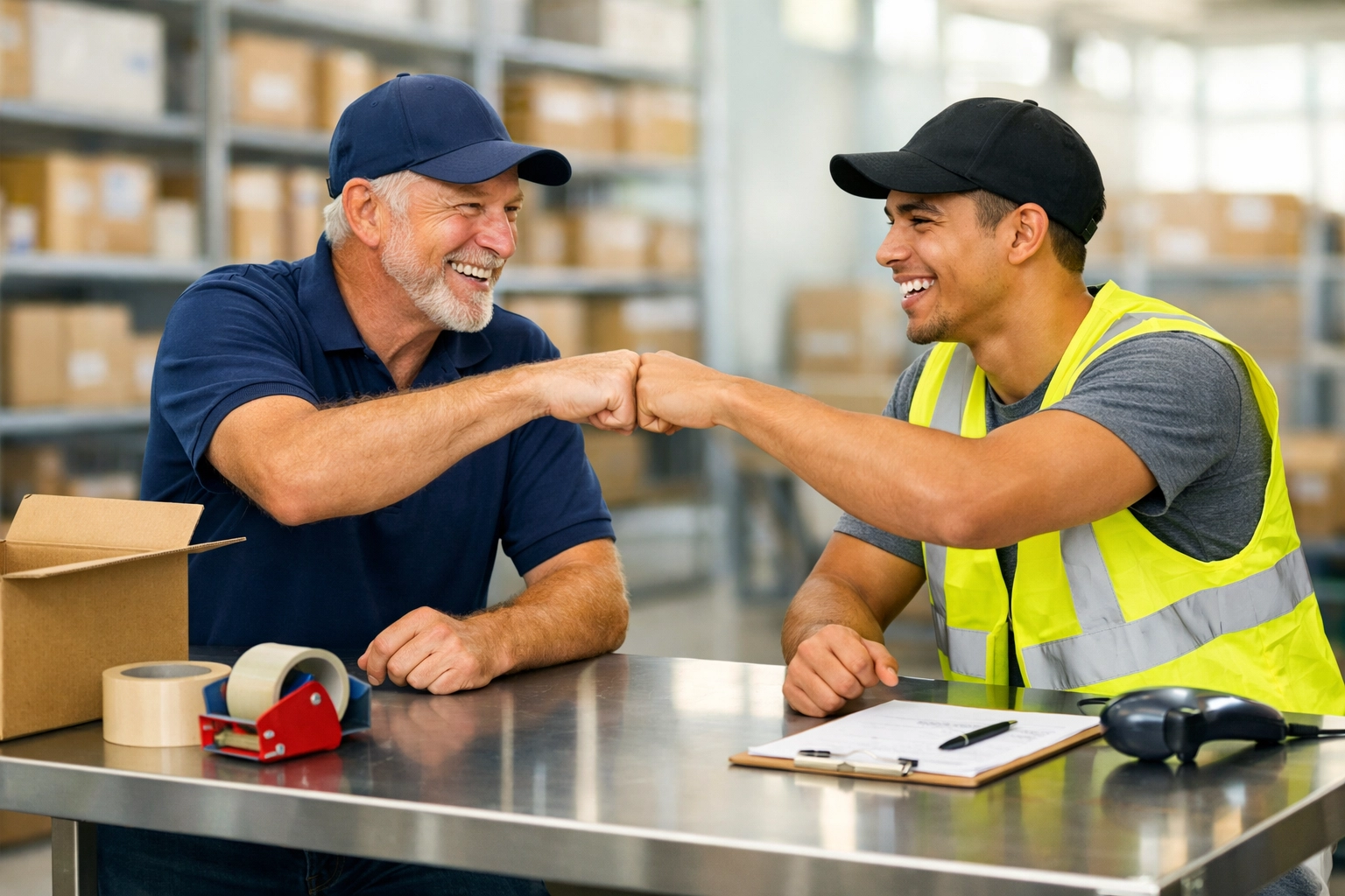 Warehouse associates collaborating at a packing station to reduce turnover in Indianapolis.