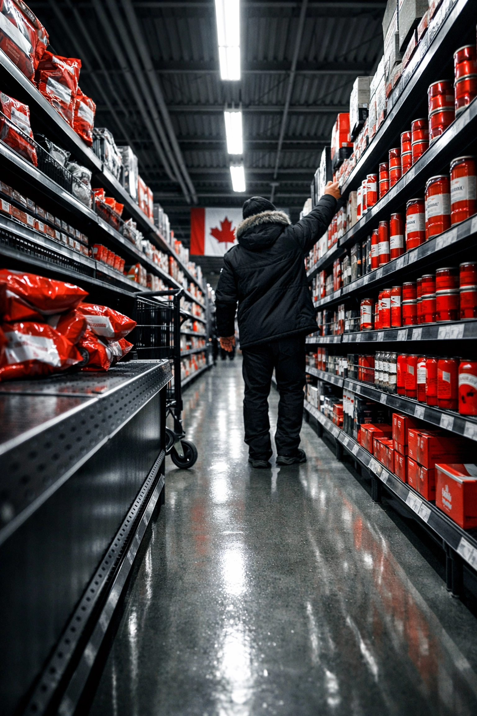 Shopper in a Canadian grocery store aisle representing inflation impact on food prices.