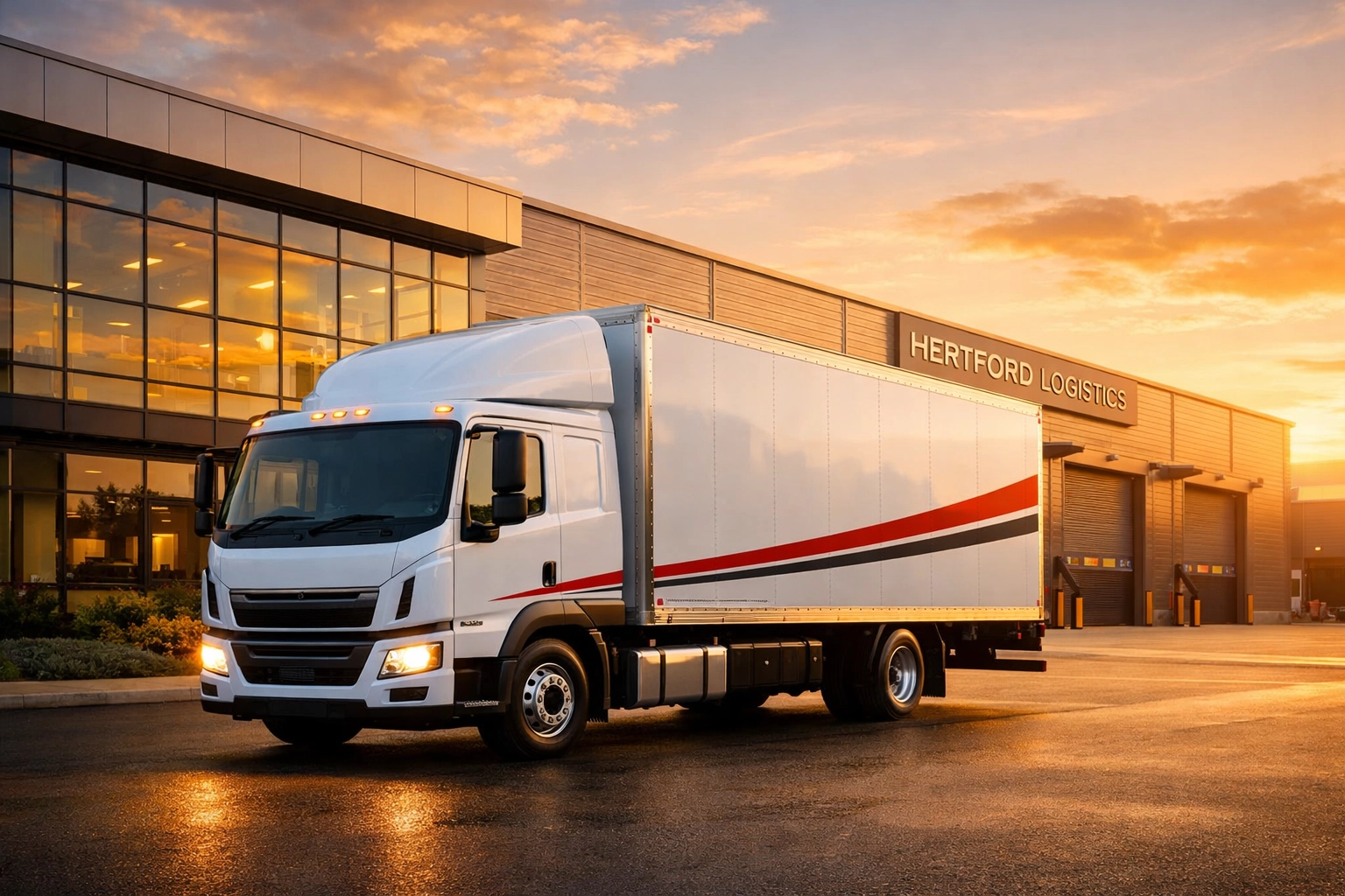 Modern distribution vehicle parked outside a Hertford storage facility for local logistics.