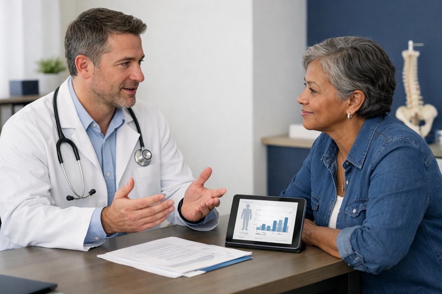 Doctor explaining blood test results to patient during private consultation