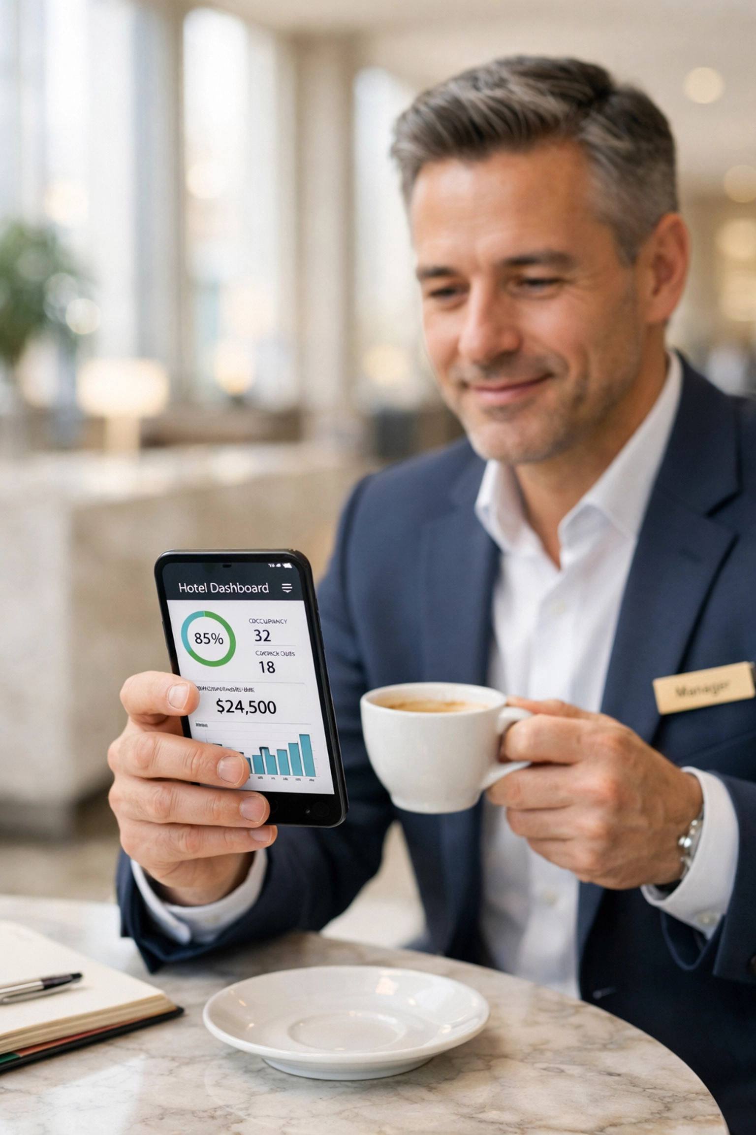 Hotel manager using smartphone for mobile hotel management in lobby café