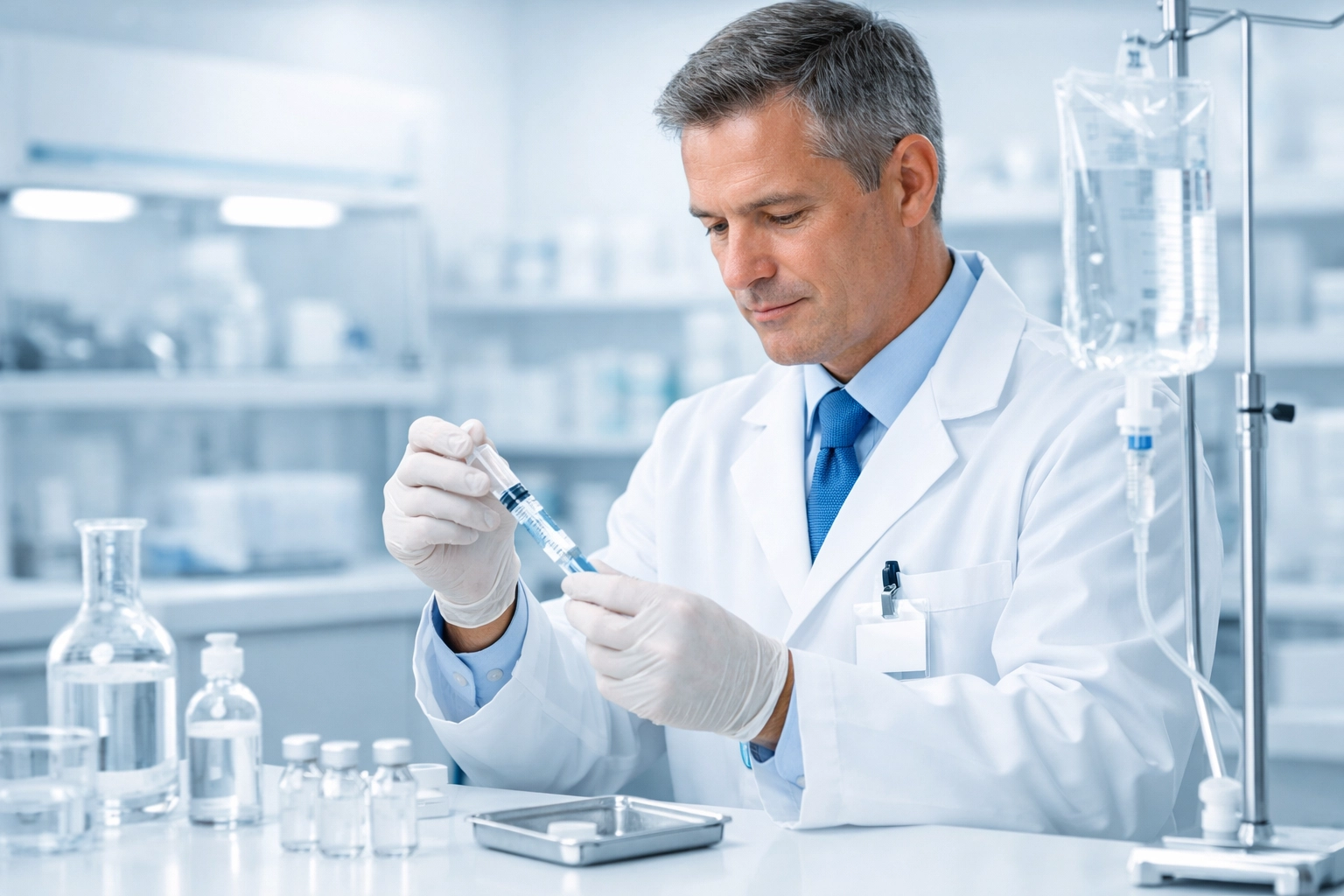 A licensed pharmacist in a sterile clinical lab preparing personalized weight loss medications.