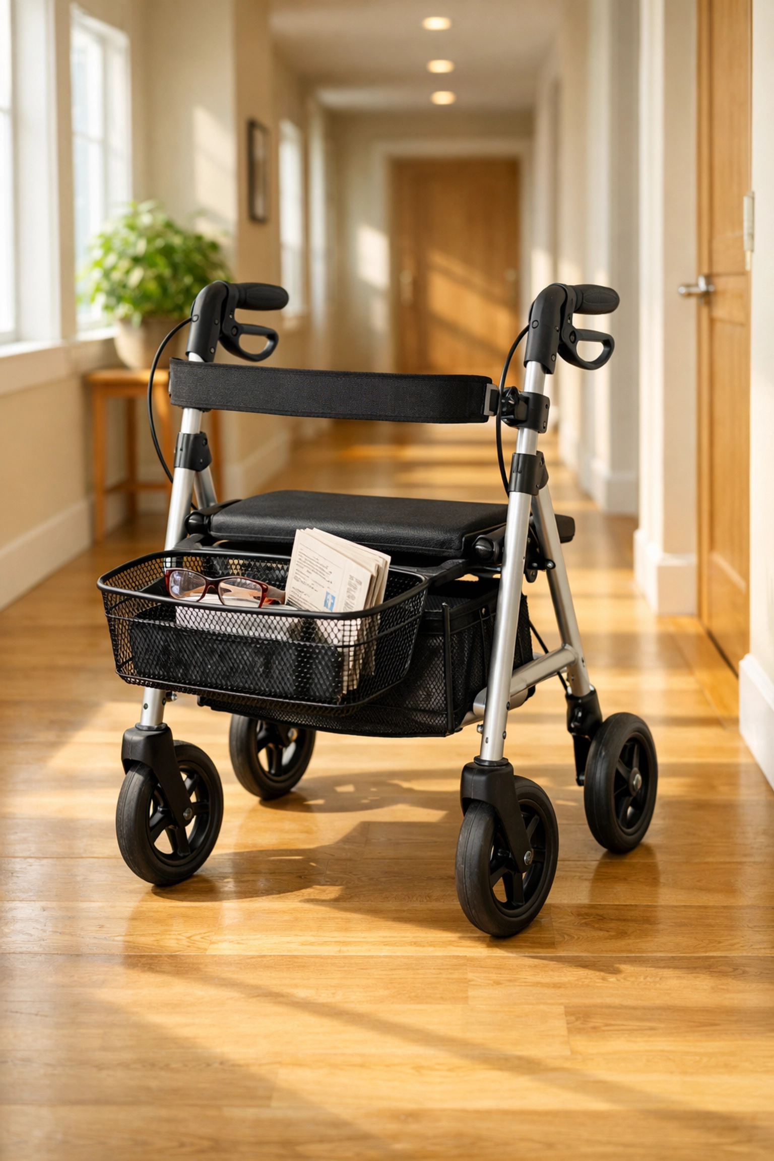 A rollator walker equipped with a front basket and storage pouch to safely distribute weight.