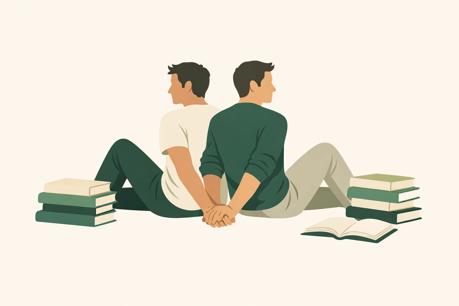 Heartfelt gay fiction illustration of a couple holding hands among books, symbolizing mutual strength.
