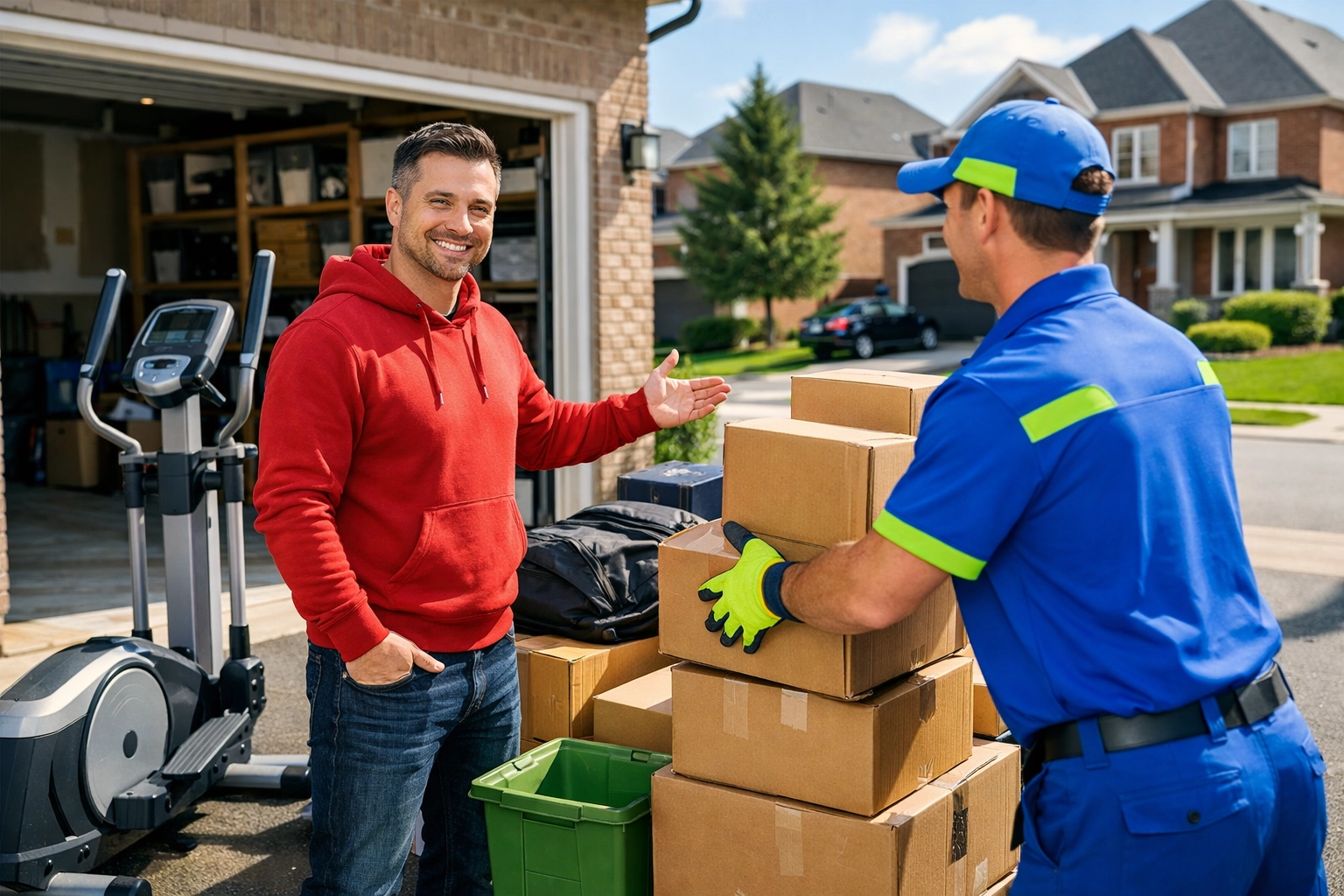 Junk GTA team performing residential decluttering in Newmarket, hauling away old gym equipment and household junk.