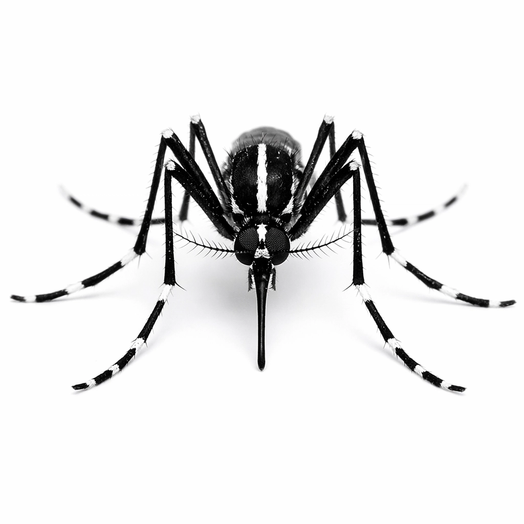 Detailed macro view of an Asian Tiger Mosquito showing distinct black and white stripes on its body and legs.