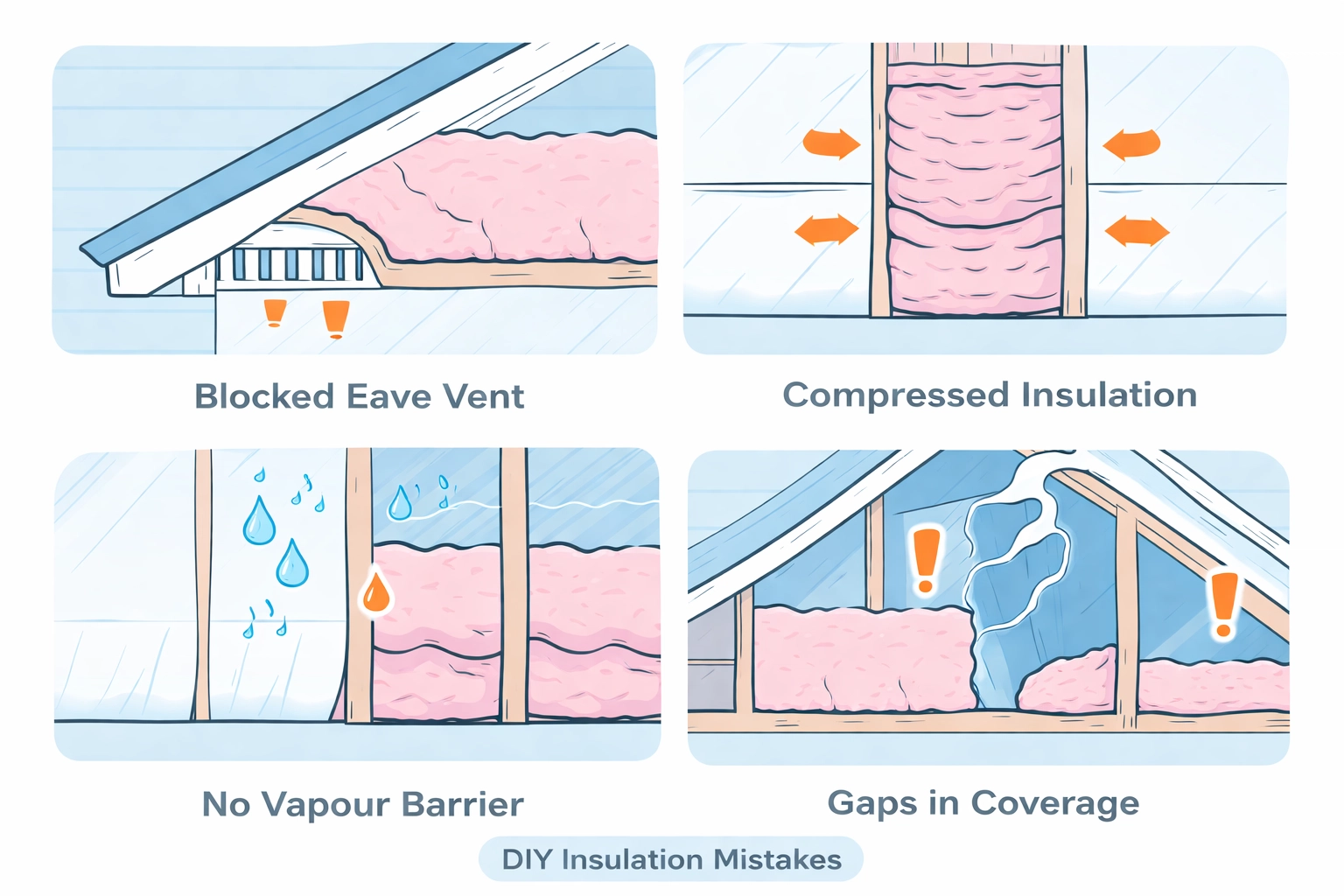 Infographic showing four common DIY loft insulation mistakes that lead to condensation and timber rot.