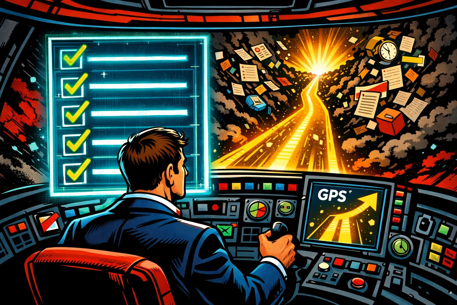 Small business owner using automated checklists as a GPS to navigate through complex daily tasks.