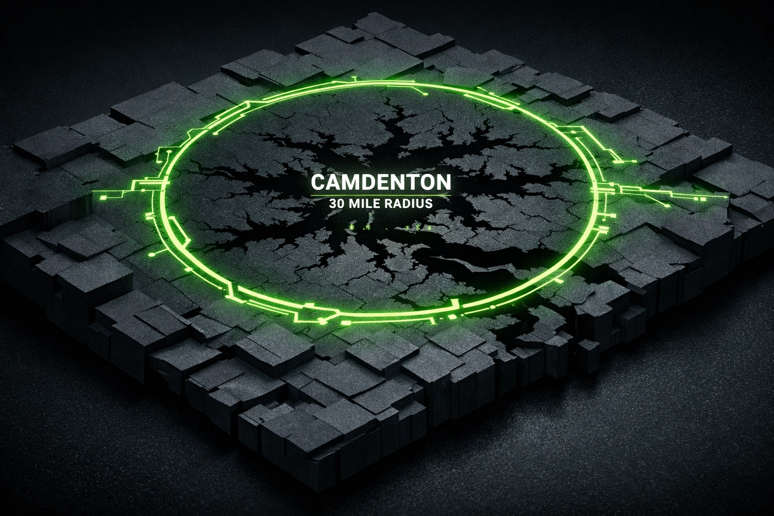 Topographical map showing the 30-mile service area for landscaping and lawn care businesses in Camden County.