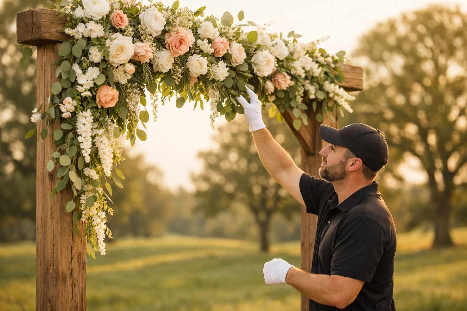 White glove wedding arch rental service in Fort Wayne featuring a lush floral wooden altar setup.