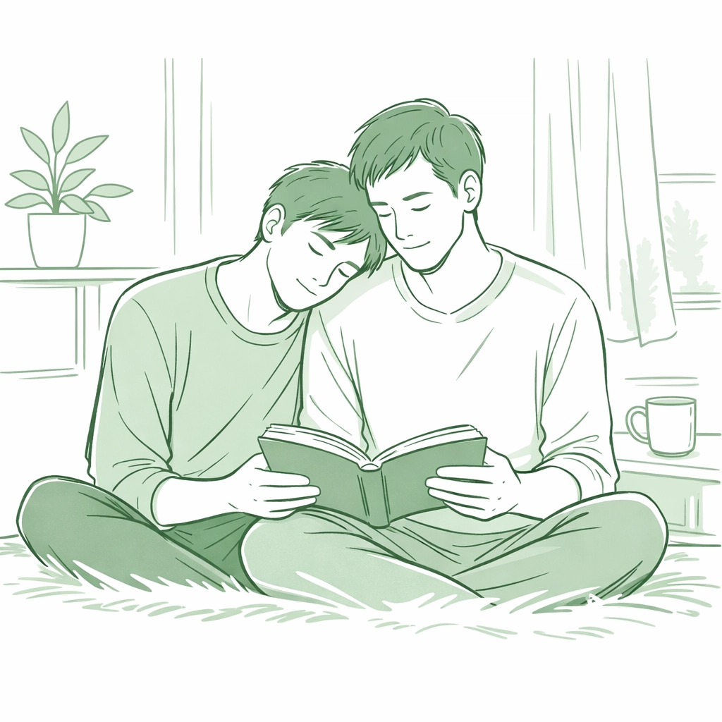Asexual MM couple sharing a quiet moment reading, highlighting emotional intimacy in gay fiction.