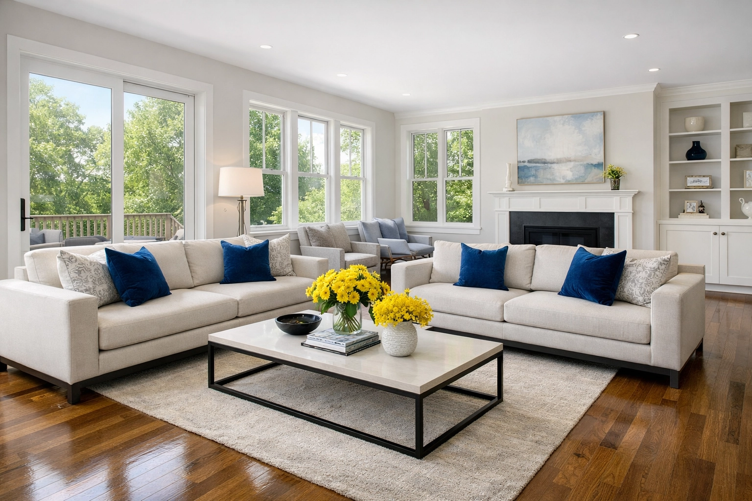 Professionally cleaned modern living room in Leominster MA with polished hardwood floors and large windows.