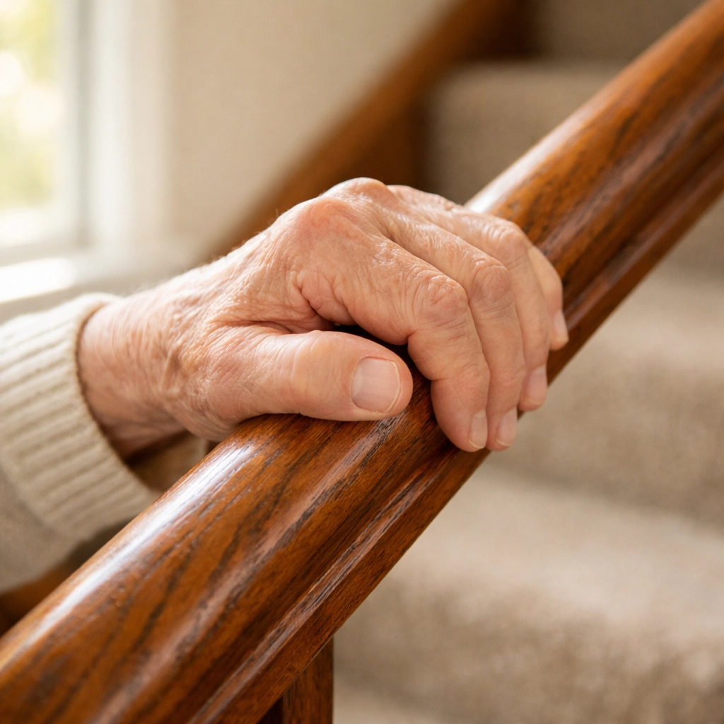 Senior hand gripping wooden stair handrail for safe support and fall prevention