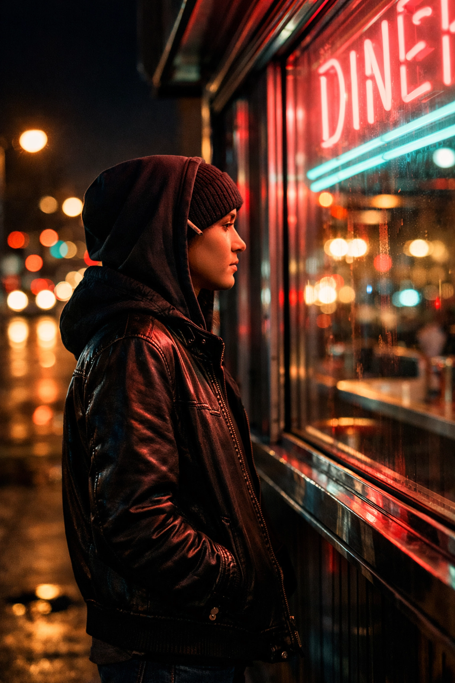 A person standing by a glowing neon diner window for night street photography ideas.